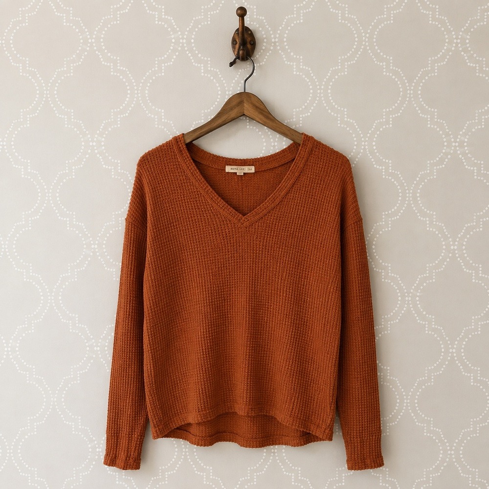 Sweetlilac Waffle Knit V-Neck Thermal Sweater Rust Orange XL